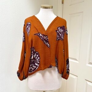 Anthropologie Open-Front Rust Brown Printed Lightweight Layer Cardigan